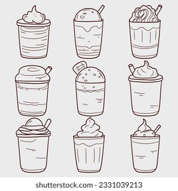 Colección de bebidas en copas. Ilustración vectorial en el fondo aislado de la ilustración lineal del doodle