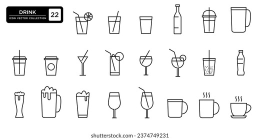 Collection of drinks, icons, glasses, cups, straws, beer, soda, wine, which can be easily edited and resized, modern vector graphic logo template.