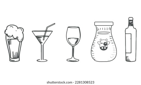 collection of drinks illustration in hand style, milk, wine, beer, draft beer and drink in a glass. Chalk-style illustration with a white background