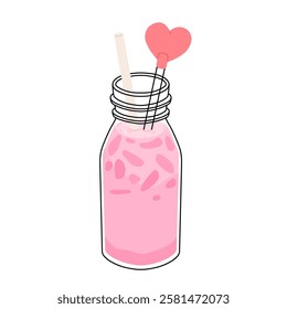 Collection of drinks for Valentine's Day. Mug with coffee, cocoa, hot chocolate, cream, strawberry milk with hearts, cherry cocktail, latte, love potion. Hot and cold beverages for Valentine's Day.