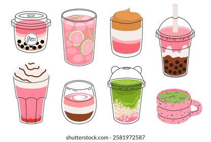 Collection of drinks for Valentine's Day. Mug with coffee, cocoa, hot chocolate, cream, bubble tea, strawberry milk with hearts, cherry cocktail, latte, love potion. Hot and cold beverages