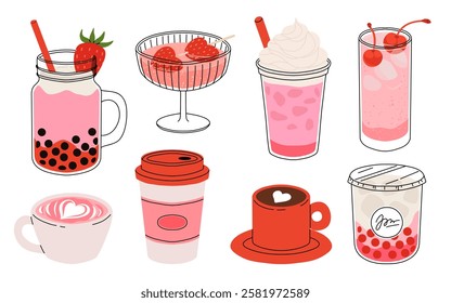 Collection of drinks for Valentine's Day. Mug with coffee, cocoa, hot chocolate, cream, bubble tea, strawberry milk with hearts, cherry cocktail, latte, love potion. Hot and cold beverages