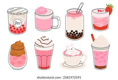 Collection of drinks for Valentine's Day. Mug with coffee, cocoa, hot chocolate, cream, bubble tea, strawberry milk with hearts, cherry cocktail, latte, love potion. Hot and cold beverages