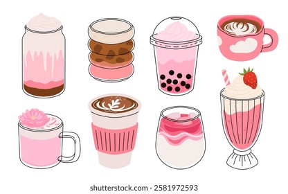 Collection of drinks for Valentine's Day. Mug with coffee, cocoa, hot chocolate, cream, bubble tea, strawberry milk with hearts, cherry cocktail, latte, love potion. Hot and cold beverages