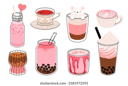 Collection of drinks for Valentine's Day. Mug with coffee, cocoa, hot chocolate, cream, bubble tea, strawberry milk with hearts, cherry cocktail, latte, love potion. Hot and cold beverages