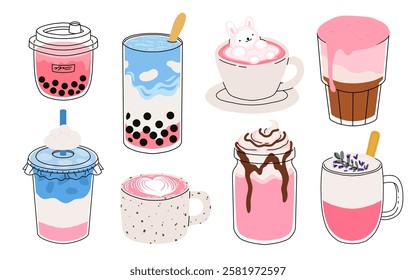 Collection of drinks for Valentine's Day. Mug with coffee, cocoa, hot chocolate, cream, bubble tea, strawberry milk with hearts, cherry cocktail, latte, love potion. Hot and cold beverages