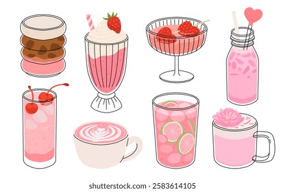 Collection of drinks for Valentine's Day. Mug with coffee, cocoa, hot chocolate, cream, strawberry milk with hearts, cherry cocktail, latte, love potion. Hot and cold beverages for Valentine's Day.