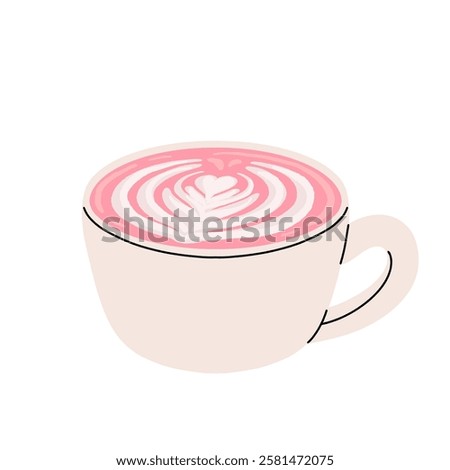 Collection of drinks for Valentine's Day. Mug with coffee, cocoa, hot chocolate, cream, strawberry milk with hearts, cherry cocktail, latte, love potion. Hot and cold beverages for Valentine's Day.
