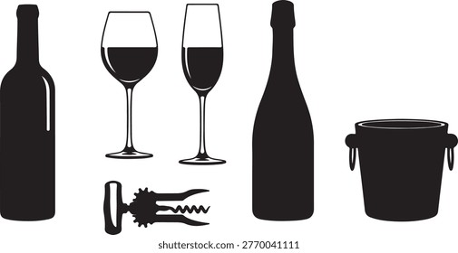 Collection of drinkware and wine accessories, featuring wine bottle, two full wine glasses, a corkscrew, and an ice bucket.