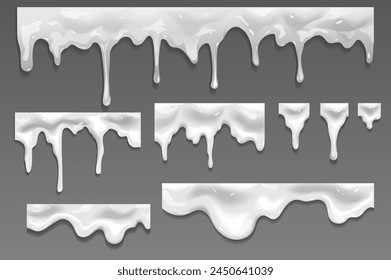 A collection of dripping cream mockups in realistic 3d design. Black and white image with streams of cream, milk or other light liquid on a gray background. Vector illustration.