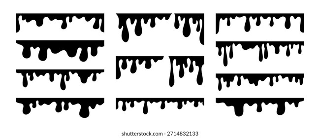 Colección de bordes goteantes y derretidos en silueta negra. Elementos gráficos de Vector perfectos para marcos decorativos, Halloween, dulces, pinturas o diseños artísticos abstractos con una textura pegajosa.