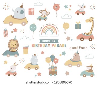 Collection of drive-by birthday parade theme illustrations. Cute animals in a car, rainbow and clouds, balloons, gift boxes, and stars. 