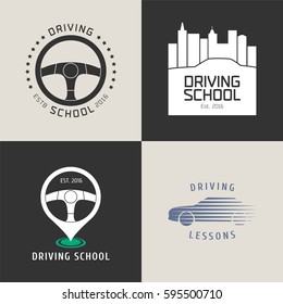 Collection of driving license school vector logo. Car driving on the city background, steering wheels graphic design element