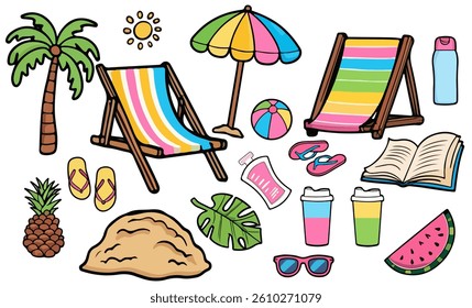 Collection of driving on the beach and summer theme, vacation, sea, four postcards, stickers, summer sale banners.
