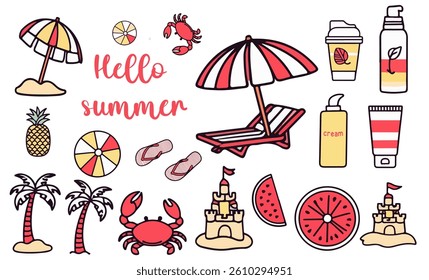 Collection of driving on the beach and summer theme, vacation, sea, four postcards, stickers, summer sale banners.