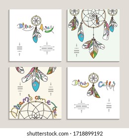 Collection of drnate dream catcher templates. Vector abstract illustration with feathers, modern line style. Background or greeting card with place for your text