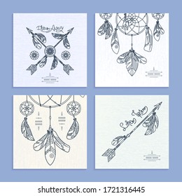 Collection of drnate dream catcher templates. Vector abstract illustration with feathers, modern line style. Background or greeting card with place for your text