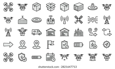 Collection of drone delivery and logistics icons including drones, boxes, warehouses, and navigation symbols