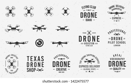 Collection of Drone logos, emblems, labels, badges. Set of 9 logo templates and 10 design elements for logo design. Drone business. Vector templates