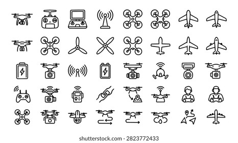 Collection of drone technology icons including drones remote controls antennas and airplanes
