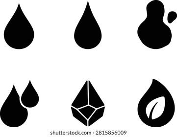 Collection of droplet and crystal-inspired icons featuring water, geometric facets, overlapping shapes, and eco leaf designs, ideal for nature, purity, and sustainability projects