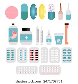 Collection of drug. Tablet, capsule, soft gel, pellet, vial, ampule, antacid, bottle, syringe, nasal spray, effervescent tablet, blister, antibiotic, antihistamine, contraceptive pill. Type of drug.