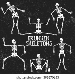 Collection of drunken skeletons in different poses. .Typography design 