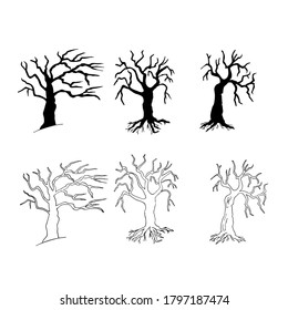Sammlung Trockene Bäume. Vektorgrafik Isolierte Silhouetten auf weißem Hintergrund im Doodle-Stil. Clipart Kunst für Postkarte, Einladung, Textilien.