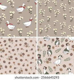 collection of duck prints, duck pattern, flowers
