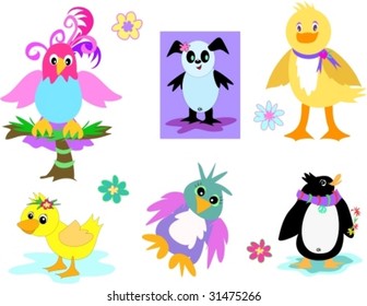 Collection of Ducks, Parrots, and Penguins Vector