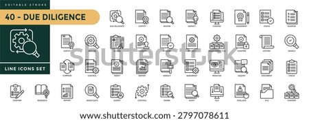A collection of Due Deligence icons set with editable stroke, including evaluate, confirm, check, investigate, audit, review, verify, assess, analyze, inspect. Thin linear vector illustration.