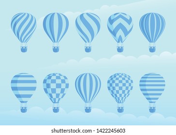 Collection of duotone vector hot air balloons. Zig zags, wavy lines, striped or checkered patterns on vintage style hot air balloon with basket at cloud background for sky holiday adventure design