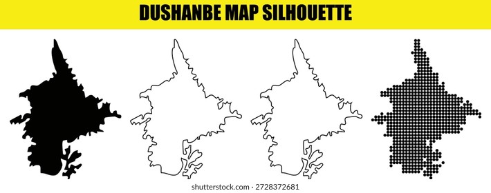 Collection of Dushanbe map silhouettes in various styles. Features solid black, white, outlined, and dotted dot versions for easy integration. Tajikistan capital city representation.