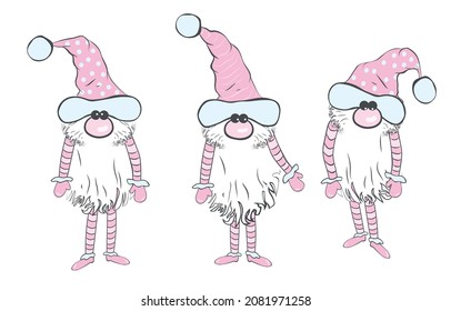 Sammlung von Zwergen in Kappen mit Emotionen. Kleine Neujahrsknochen. Farbige Vektorgrafik in flachem Stil einzeln auf Weiß.