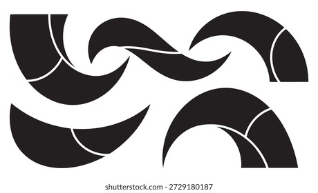 A collection of dynamic abstract curved shapes featuring sharp tapered swooshes, flowing wave-like silhouettes, and modern graphic elements. These minimalist black vector forms represent speed, agility, and fluid motion. Ideal for sports branding, automotive logos, creative website dividers, and contemporary apparel design. High-quality versatile silhouettes designed for a bold and professional visual impact.