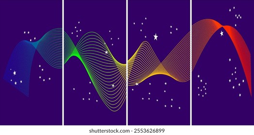 A collection of dynamic abstract designs combining flowing wave patterns, bold typography, serene landscapes, vibrant gradients, and celestial themes, evoking creativity, and modern aesthetics.
