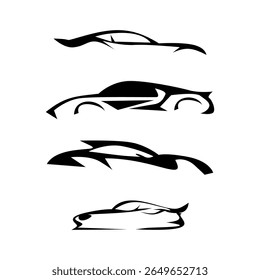 A collection of dynamic abstract sports car silhouettes in a minimalist and modern style, ideal for automotive logos, brand identities or design elements that represent speed and performance.