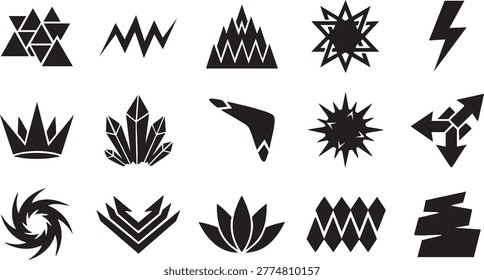 Collection of dynamic abstract symbols including lightning bolts, crystals, starbursts, arrows, and shapes.