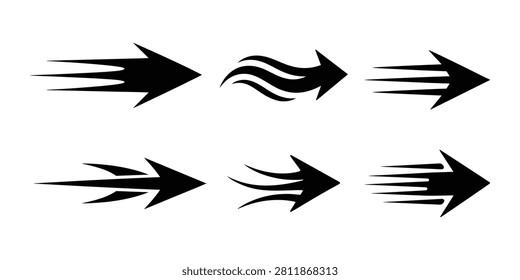 Collection of dynamic arrow icons indicating swift movement and progress. Ideal for business growth and navigation graphics.