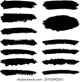 A collection of dynamic black brush strokes displayed in different sizes and styles, showcasing artistic versatility and texture in a minimal design.