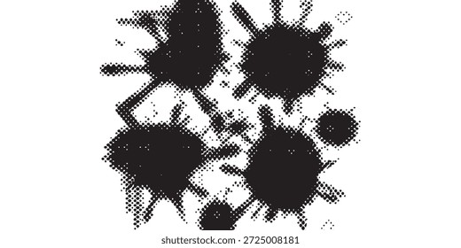 A collection of dynamic black ink splatters and drips, creating an abstract and textured visual effect on a clean white background.