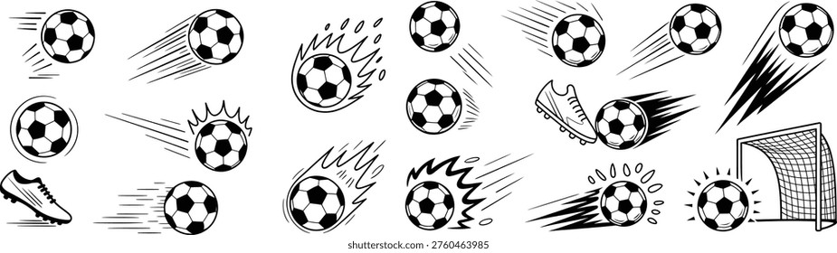 Collection of dynamic black and white soccer ball icons illustrating motion speed and goal scoring.