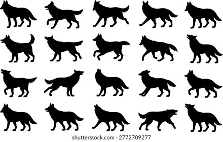 Collection of dynamic black wolf silhouettes in various running and howling poses isolated on white background
