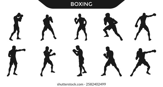 Collection of dynamic boxer silhouettes in various fighting poses, showcasing strength, agility, and determination. Perfect for sports designs, fitness, and martial arts projects.