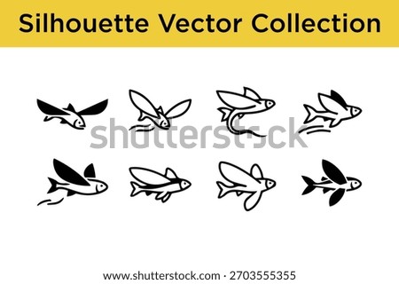A collection of dynamic flying fish silhouettes and outline vector icons, perfect for marine and aquatic designs.