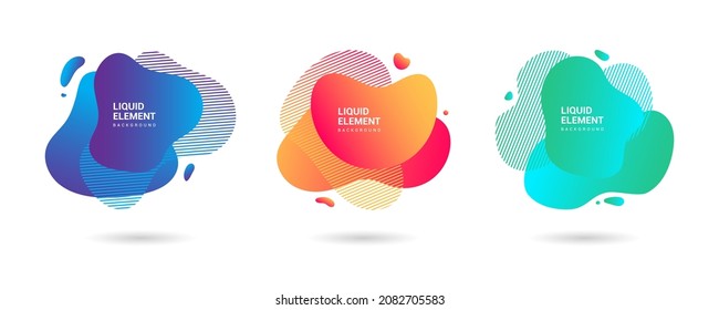 A collection of dynamic gradient graphic elements in a modern style. Banner with flowing liquid shape. Logos, flyers, presentations, cards, invitation templates. Vector illustrations.