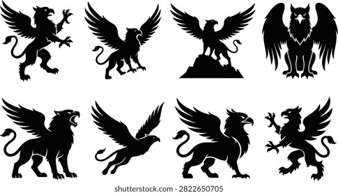 A collection of dynamic griffin and gryphon silhouettes featuring majestic winged beasts in rampant, flying, and standing heraldic poses for crests and logos.