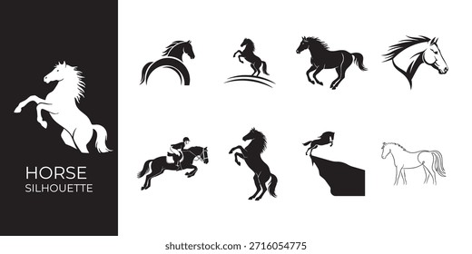 A collection of dynamic horse silhouettes and elegant outlines depicting various poses.