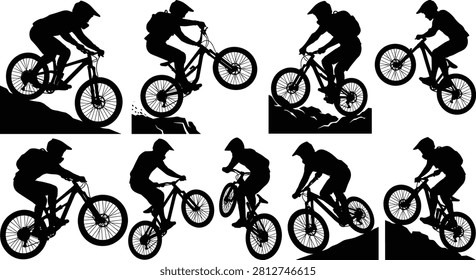 A collection of dynamic mountain bike silhouettes featuring riders performing jumps and downhill maneuvers on rugged terrain. Perfect for extreme sports branding, apparel design, and promotional materials for cycling events.
