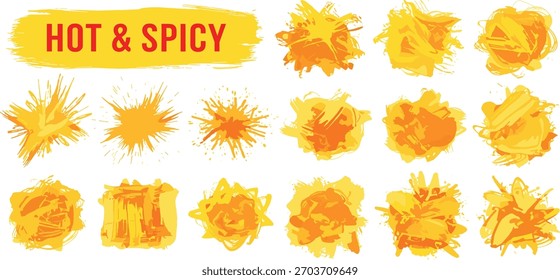 Coleção de manchas e explosões de laranja e amarelo dinâmicos, representando calor e especiarias.